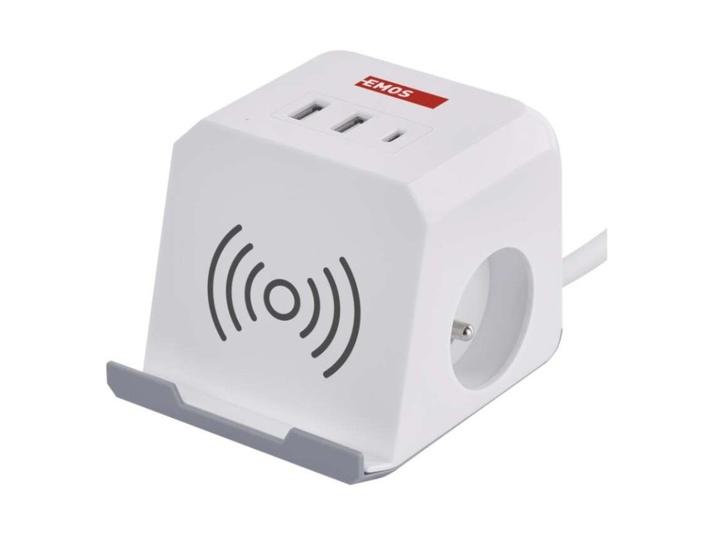 Prodlužovací kabel - kostka 2 m / 2 zásuvky / bílý / 2×USB-A + 1×USB-C+Qi / 1,5 mm2