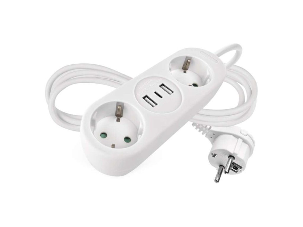 Prodlužovací kabel 1,4 m / 2 zásuvky+2×USB-A+1×USB-C  / bílý / PVC / 1,5 mm2
