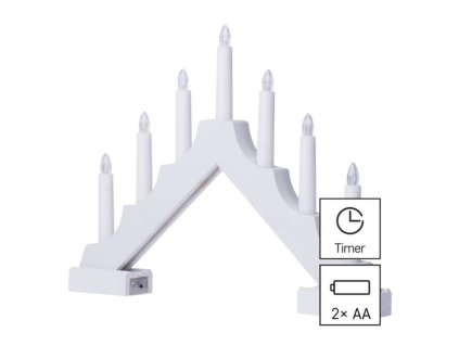 LED svícen dřevěný bílý, 29 cm, 2x AA, vnitřní, teplá bílá, časovač