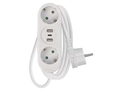 Prodlužovací kabel 1,5 m / 2 zásuvky+2×USB A+1×USB C  / bílý / PVC / 1,5 mm2