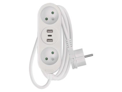 Prodlužovací kabel 2 m / 2 zásuvky+2×USB A+1×USB C  / bílý / PVC / 1 mm2