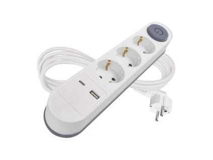 Prodlužovací kabel 2 m / 3 zásuvky / s vypínačem / bílý / 1× USB-A + 1× USB-C / 1,5 mm2