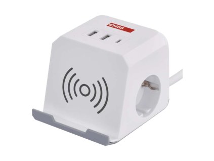 Prodlužovací kabel - kostka 2 m / 2 zásuvky / bílý / 2×USB-A+1×USB-C+Qi / 1,5 mm2