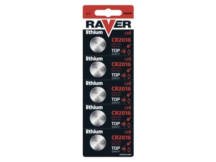 Lithiová knoflíková baterie RAVER CR2016, 5 ks