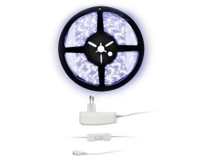 Solight LED světelný pás s testrem, 5m,  sada s 12V adaptérem, 4,8W/m, IP65, studená bílá