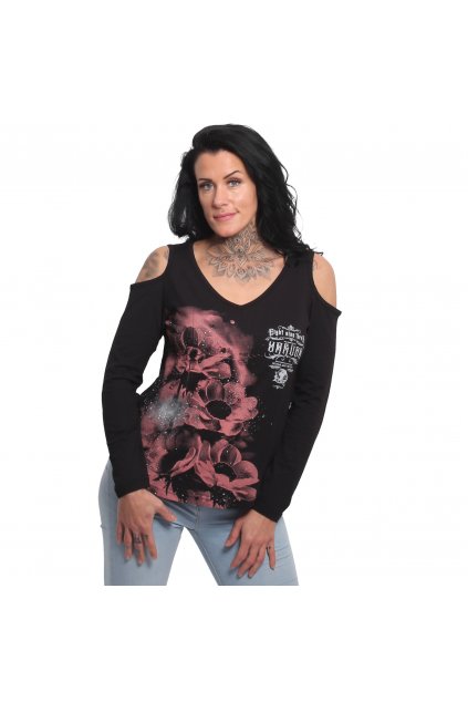 Dámské triko Yakuza  Flower Style Out Lognsleeve V neck 23150 black