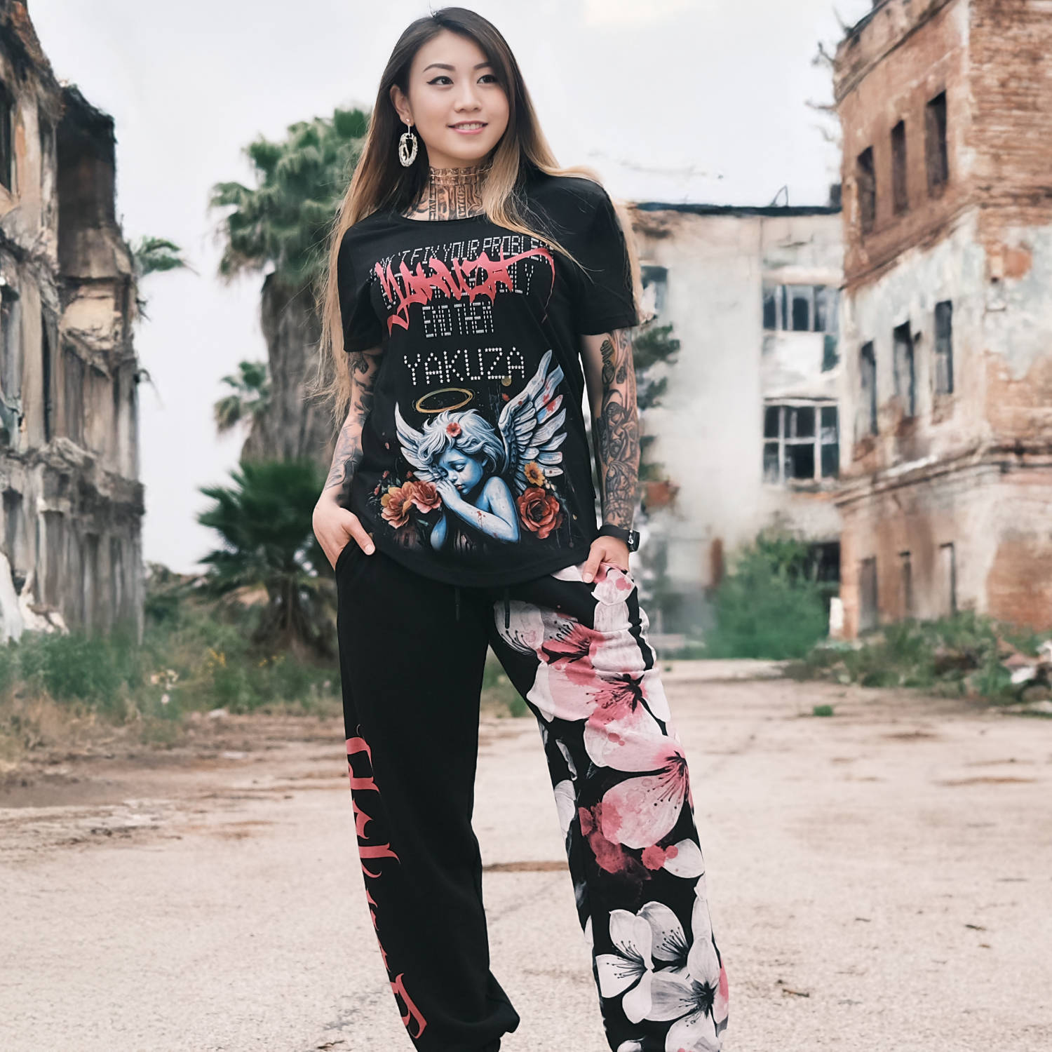 Dámské tepláky Yakuza Flower Style V02 Loose 26129 black Velikost: XXL