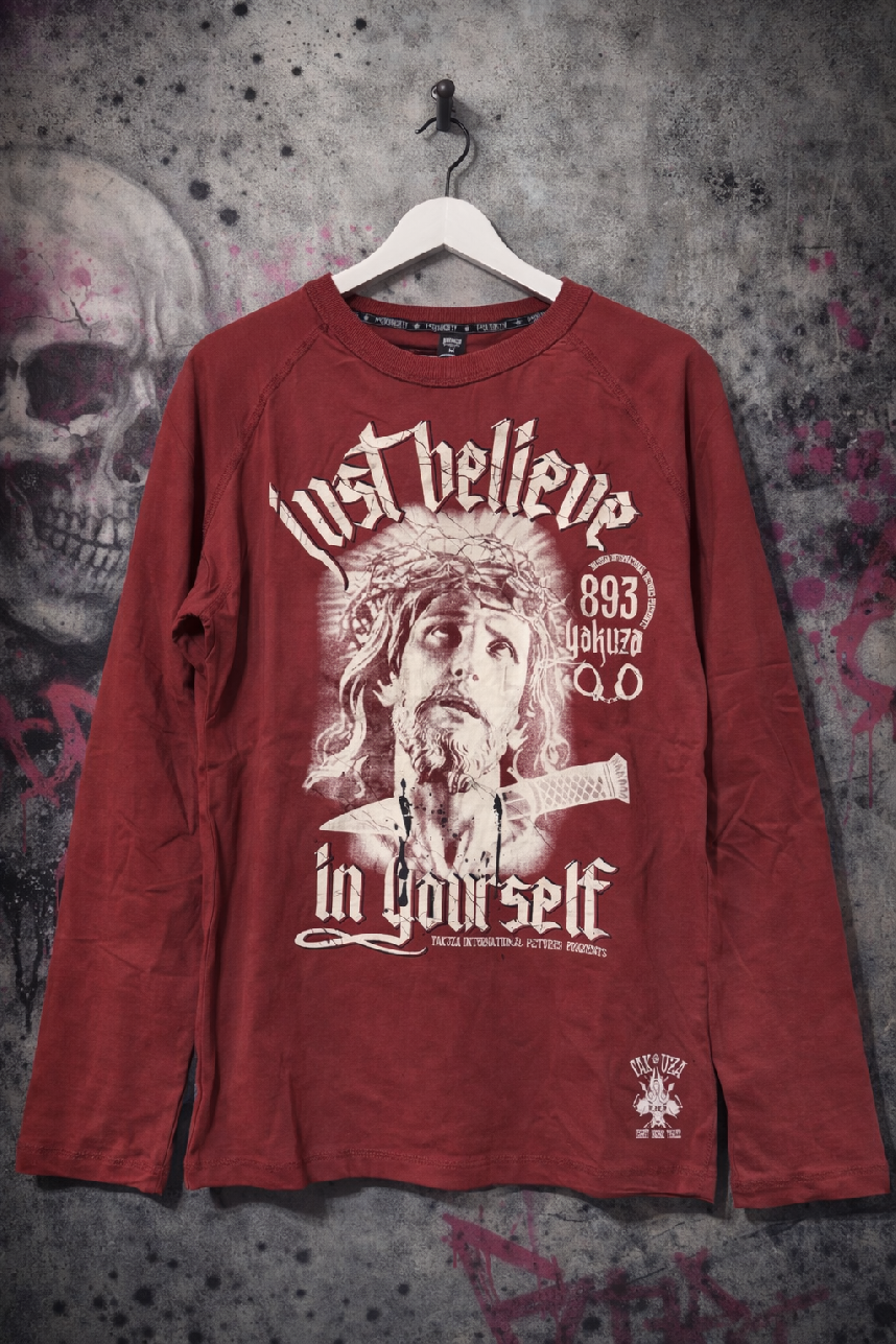 Levně Yakuza triko dlouhý rukáv Jesus oversize street style marsala