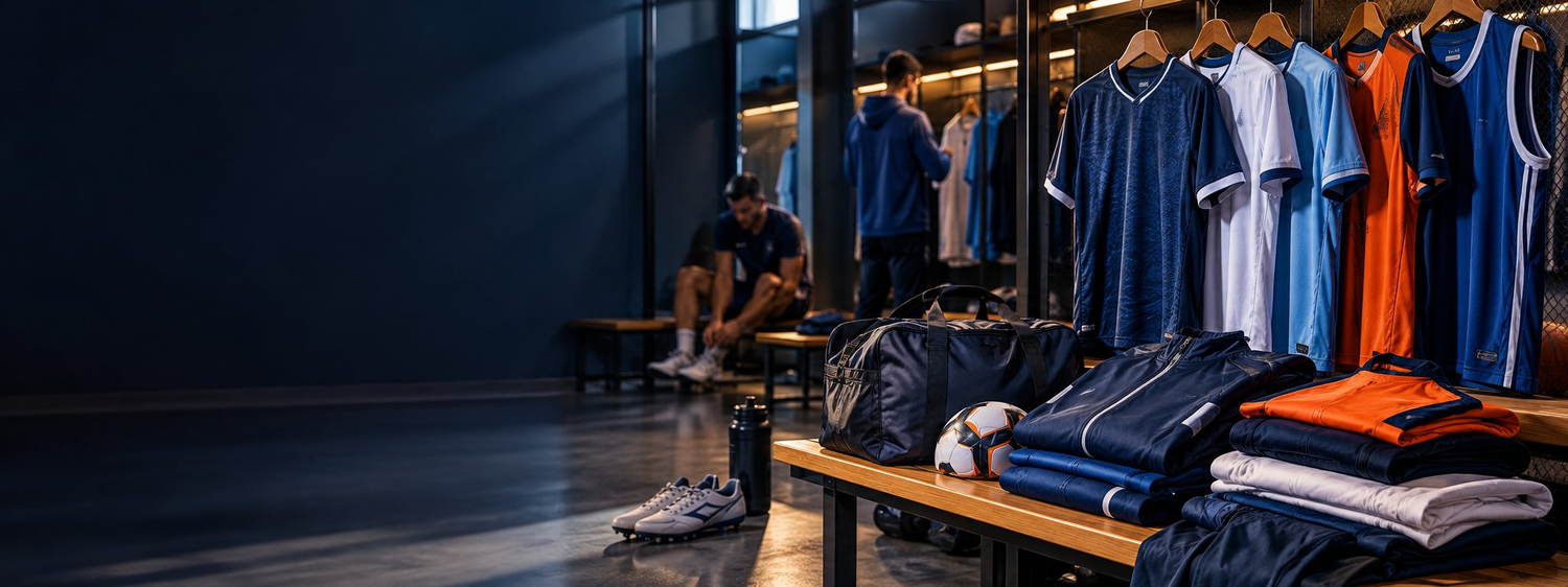 Sportovní dresy, soupravy a týmová výbava připravená v šatně