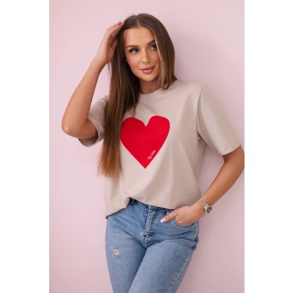 Bavlnená blúzka s potlačou srdca béžová