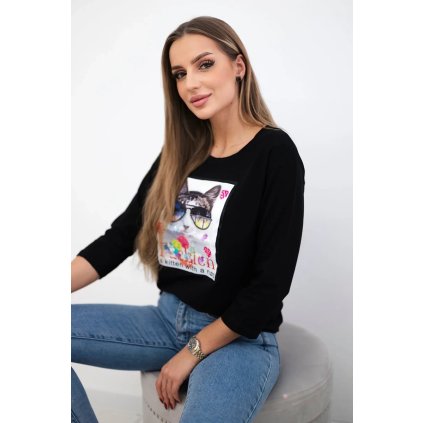 Čierna blúzka s 3D grafikou mačky