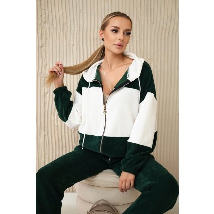 Rebrovaná súprava z velúru mikina + nohavice tmavozelená