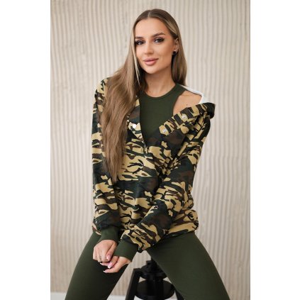 Trojdielny komplet maskáčová mikina, top a legíny khaki + béžová