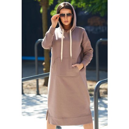 Dlhé zateplené šaty s kapucňou tmavo béžové