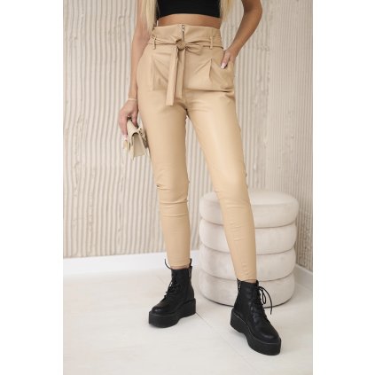Kožené nohavice s viazaním vpredu béžové
