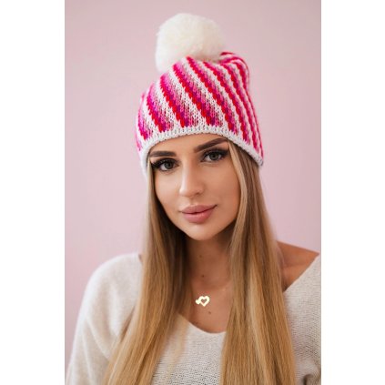 Dámska čiapka s brmbolcom Hanna K328 biela + fuksia