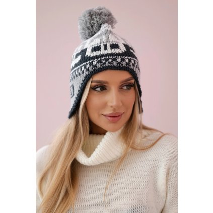 Dámska čiapka s brmbolcom Rosa K368 biela+grafitová+tmavo šedá
