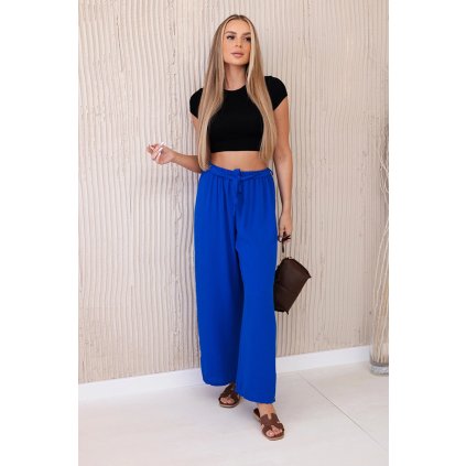 Nohavice s širokým strihom a viazaním v páse v nevädzovej farbe