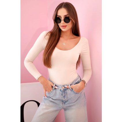 Dámske body tričko s dlhým rukávom a hlbokým výstrihom béžové