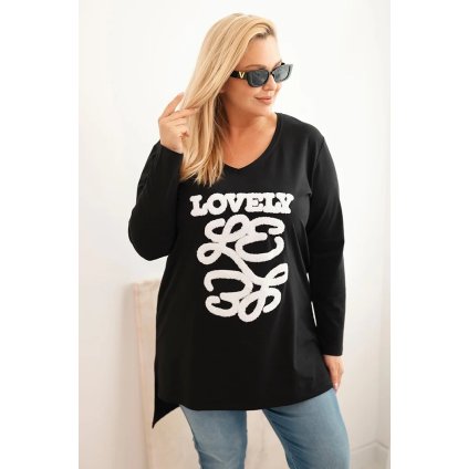 Dámska blúzka Plus Size bavlnená s nápisom a výstrihom do V čierna