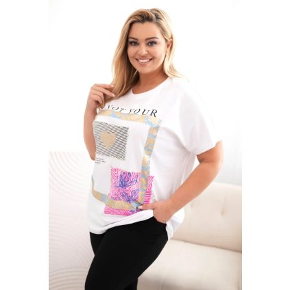 Dámska bavlnená blúzka Plus Size so zlatým nápisom biela + modrá