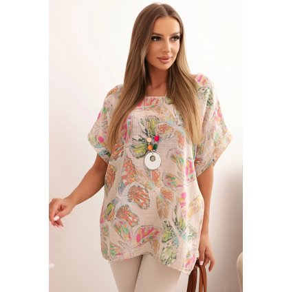 Dámska bavlnená blúzka s motívom motýľov s krátkym rukávom béžová