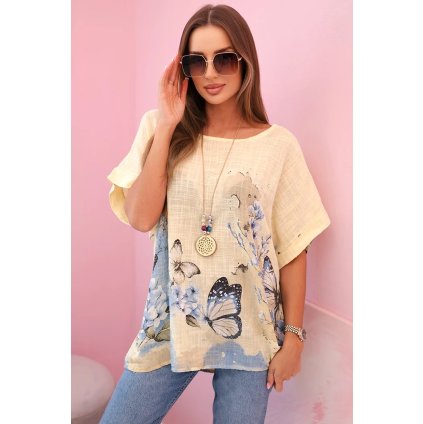 Dámska bavlnená košeľa s motýľmi a kvetmi žltá