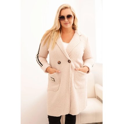 Dámsky kabát Plus Size z umelého barančeka s vreckami béžový