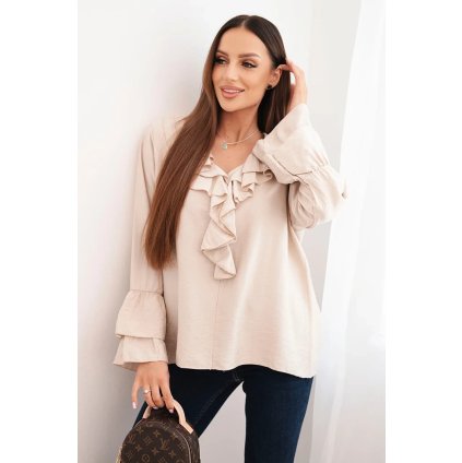 Dámska blúzka z viskózy s volánmi a dlhým rukávom béžová