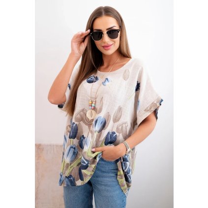 Dámska bavlnená košeľa s kvetinovým vzorom béžová