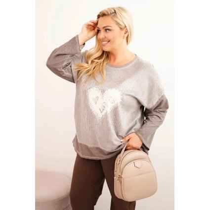 Dámska mikina Plus Size bavlnená s potlačou srdca a šnúrkami hnedá