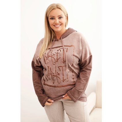 Dámska mikina Plus Size s kapucňou a potlačou hnedá