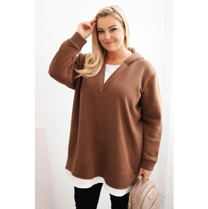 Zateplená dámska mikina Plus Size s kapucňou a véčkom hnedá