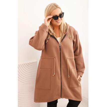 Zateplená dámska mikina Plus Size s kapucňou a vreckami hnedá