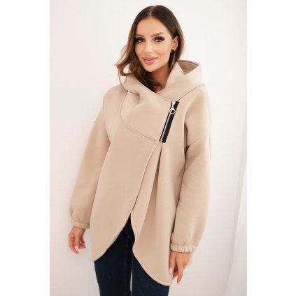 Dámska zateplená mikina s kapucňou a asymetrickým zipsom béžová
