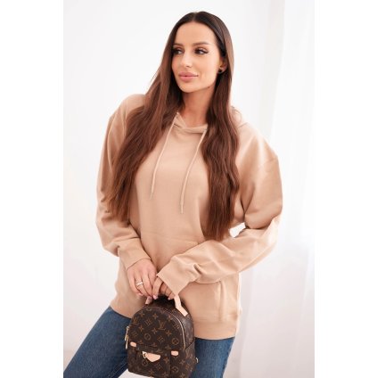 Dámska bavlnená mikina s kapucňou a klokankou béžová