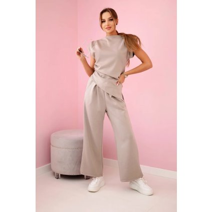Súprava asymetrická blúzka + nohavice tmavo béžové