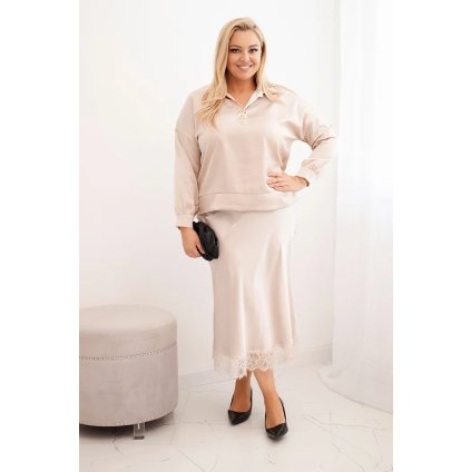 Dámska súprava Plus Size so saténovým leskom a čipkou béžová