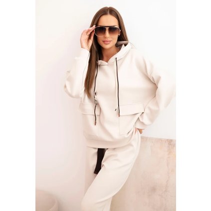 Dámska súprava maslová mikina s kapucňou a nohavice s opaskom béžová