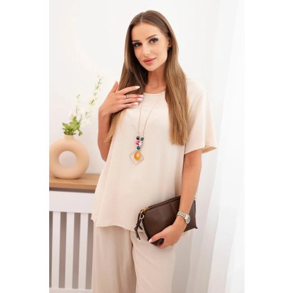 Dámsky súbor s voľnou blúzkou a širokými nohavicami béžový