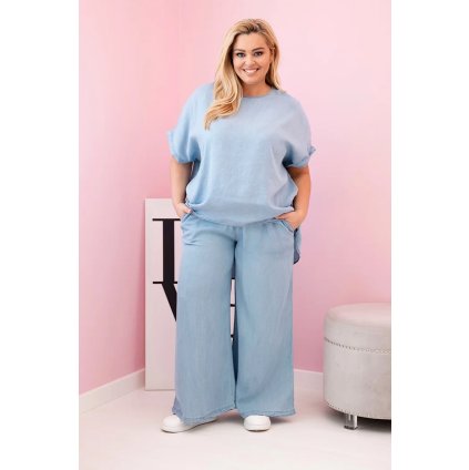 Dámsky komplet Plus Size z tencelu blúzka a nohavice s viazaním svetlo džínsový