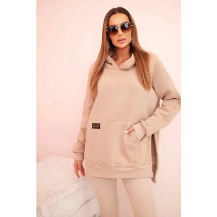 Dámska bavlnená súprava mikina s kapucňou a legíny s vysokým pásom béžová