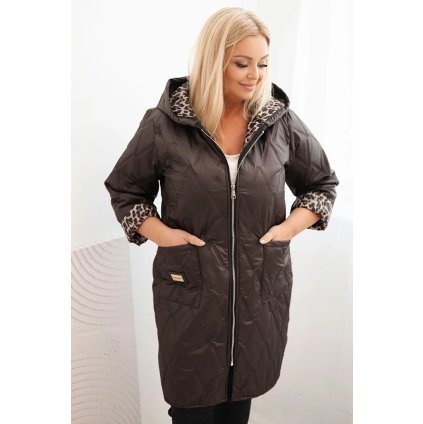 Dámska zimná prešívaná bunda Plus Size s leopardím vzorom a kapucňou hnedá