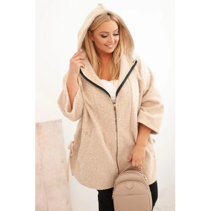 Dámsky kabát Plus Size s kapucňou a zipsom béžový
