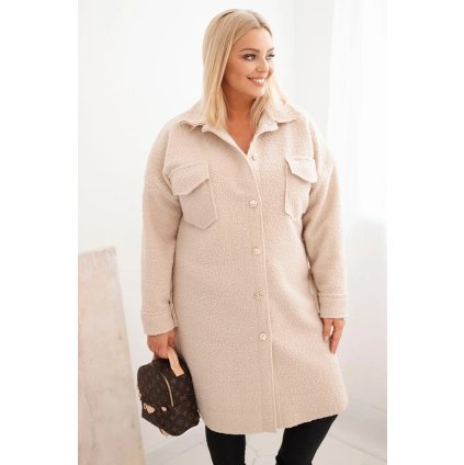 Dámsky kabát Plus Size s vlnou zapínaný na gombíky s vreckami a golierom béžový
