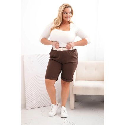Dámske bavlnené kraťasy Plus Size s opaskom hnedé