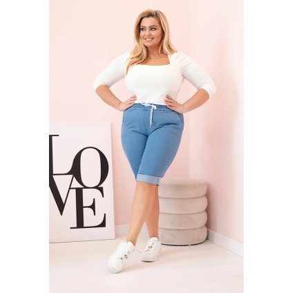 Dámske bavlnené šortky Plus Size so šnurovaním svetlo rifľové