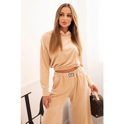 Dámska súprava z velúru so širokými nohavicami a mikinou s kapucňou béžová