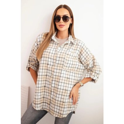 Dámska bavlnená kockovaná košeľa s efektom ošúchaného vzhľadu béžová
