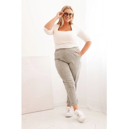 Dámske nohavice Plus Size batikované s viskózou a širokou gumou svetlé khaki